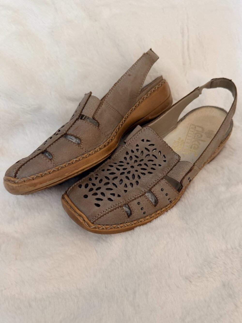 Airy Rieker Antistress Taupe Leather Laser Cutout Slingback Sandals European 38